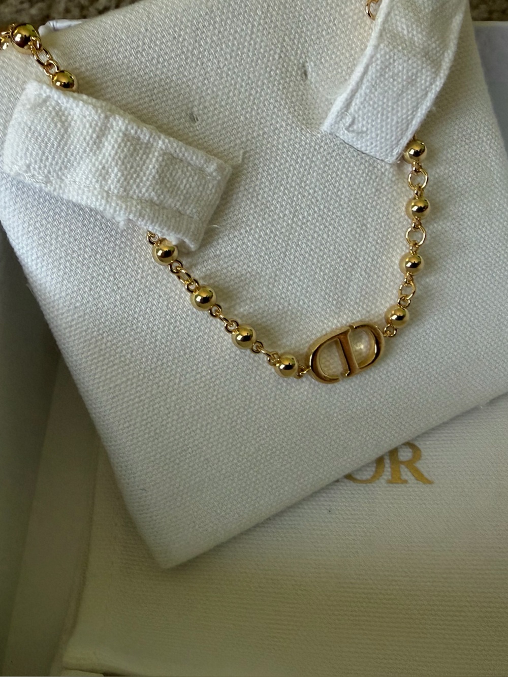 Dior Gold Bead Necklace with 'CD' Logo Accent